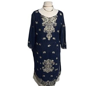Navy‎ Blue Embroidered Georgette Kurta Kameez Tunic Boho Festive Party Wear